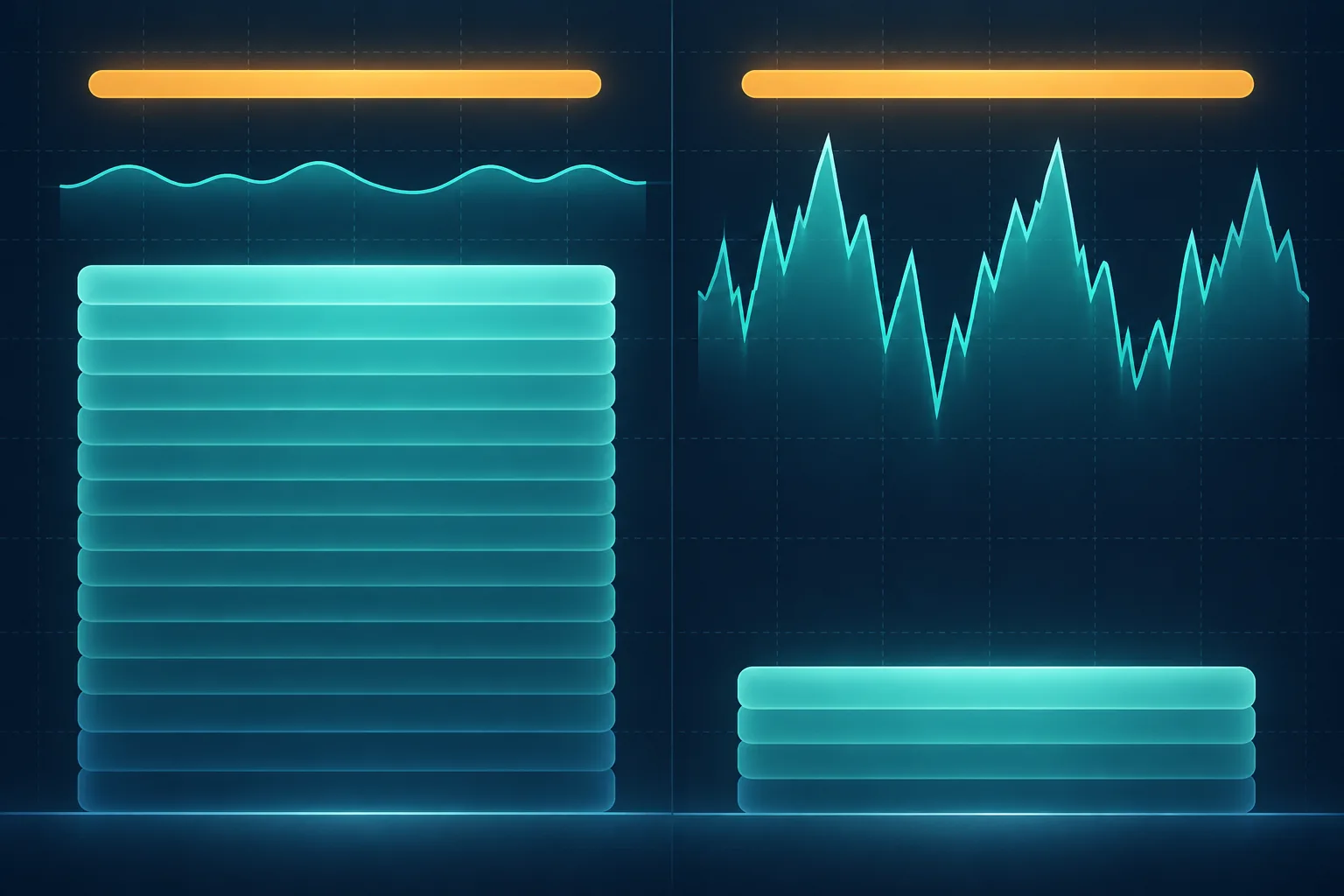 Two identical risk budgets side by side, with a large stack of position tiles under a calm wave and a small stack under a jagged wave, showing that the same risk buys a smaller position when volatility is high